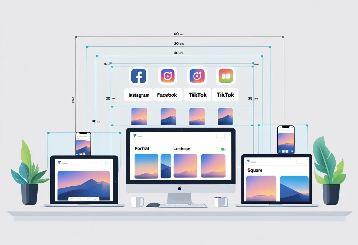 An illustration of a workspace with a smartphone, tablet, and laptop showing different social media image sizes and cropping guides for major platforms.