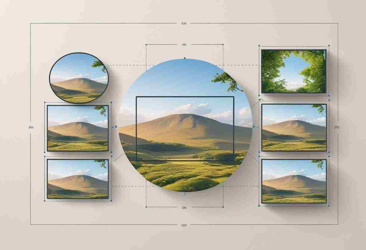 Illustration showing a large landscape photo with multiple smaller cropped versions around it, demonstrating different ways to crop images such as square, portrait, panoramic, circular, and close-up crops.